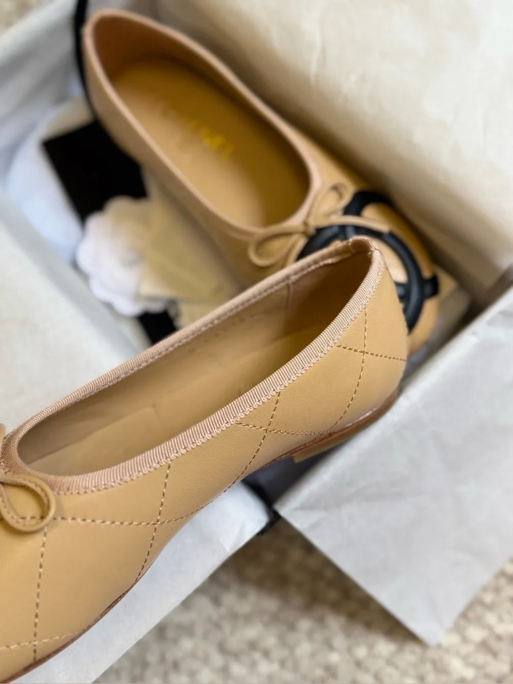 Chanel Beige Black CC Bow Ballet Flats